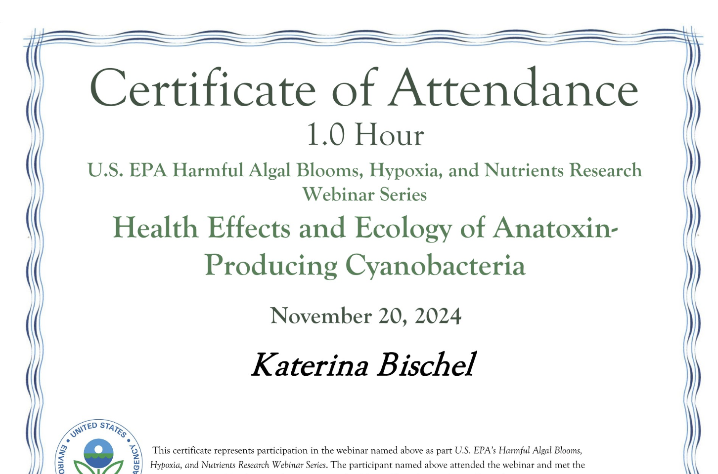 EPA cyanobacteria webinar certificate — anatoxin-producing harmful algal blooms ecology and health effects