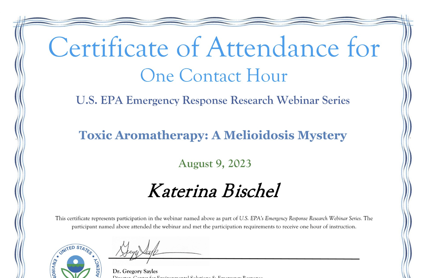 EPA melioidosis webinar certificate — Burkholderia pseudomallei contamination and CERCLA decontamination