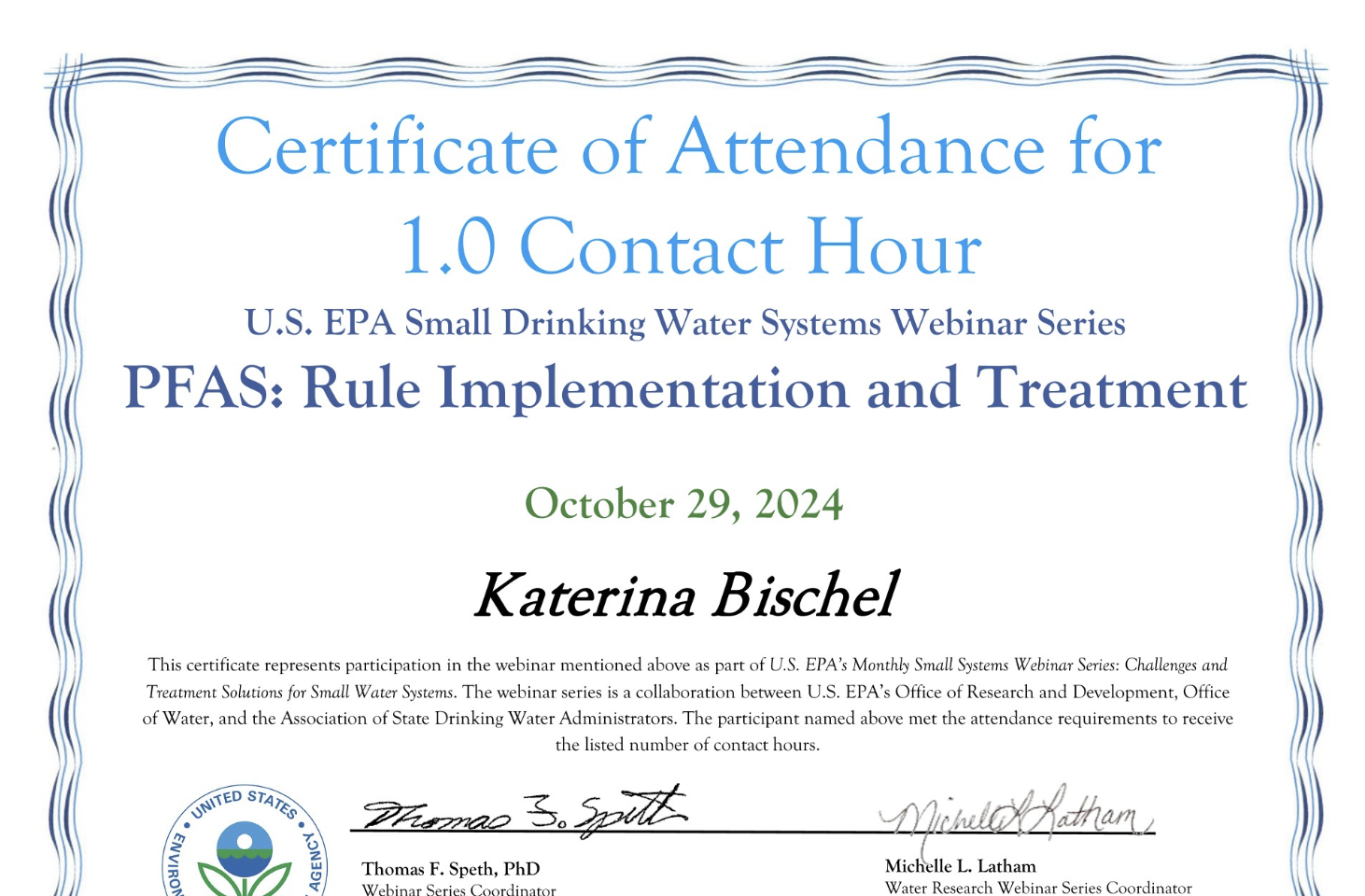 EPA PFAS webinar certificate — rule implementation and treatment for drinking water systems